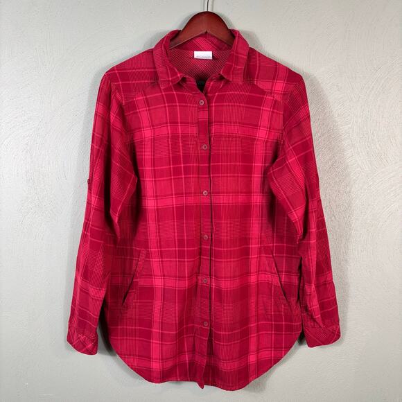 Columbia Womens Large Red Pink Plaid Cotton Button Up Roll Tab Long Sleeve Shirt - Picture 10 of 11